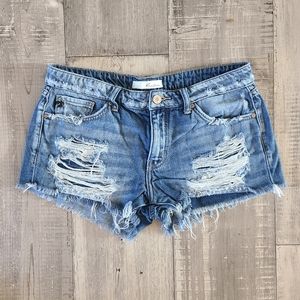 Kancan Mid-Rise Distressed Denim Shorts